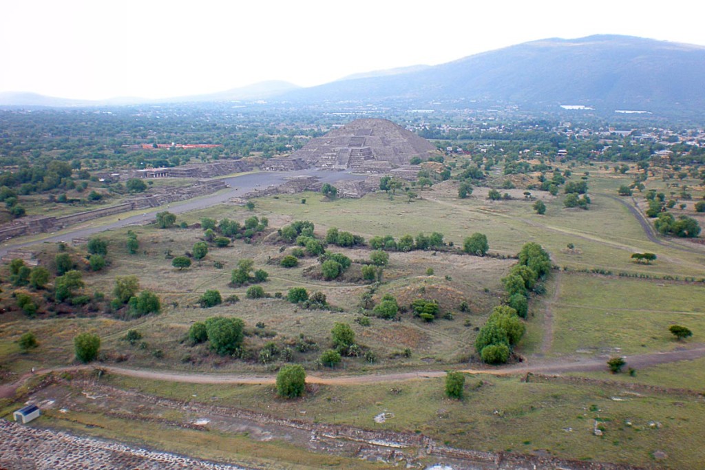 Looking down on the Pyramid of the Moon and the Mexican mountains beyond.