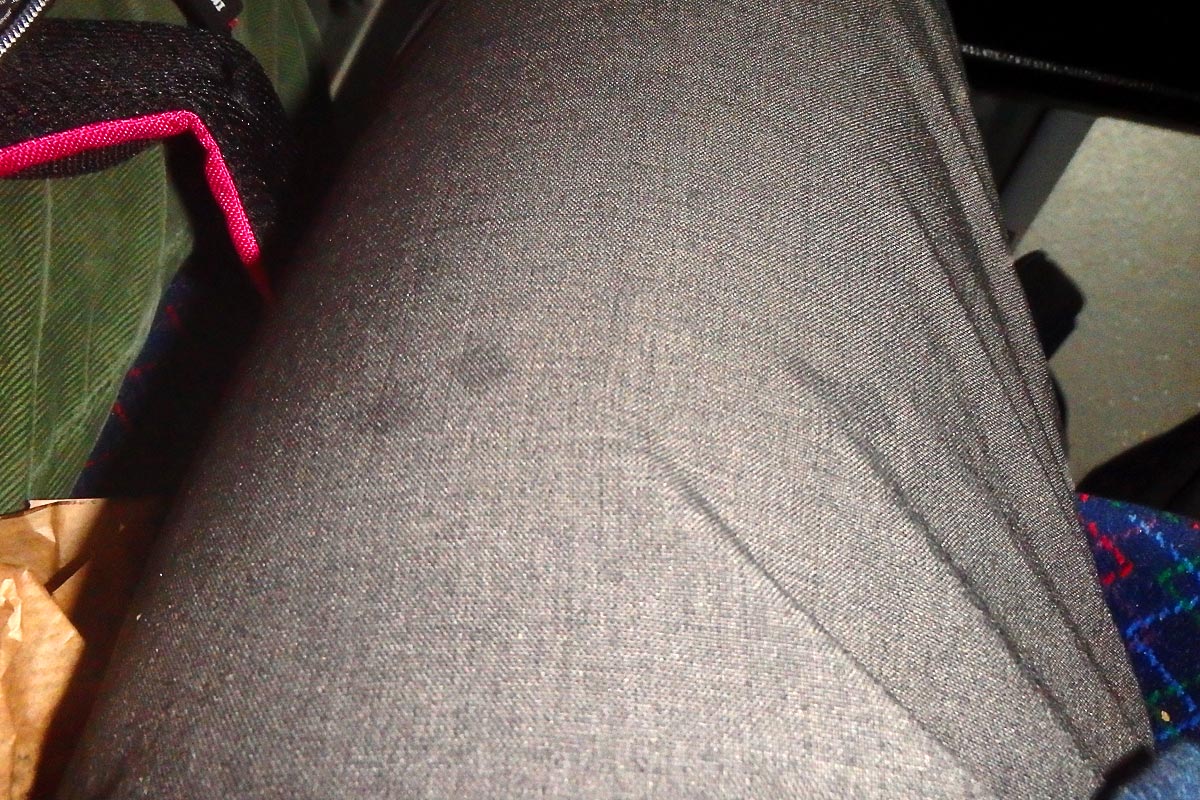 Drops of insulin after an injection on board a bus in Estonia. This never permanently stained the Bluff Works travel pants.