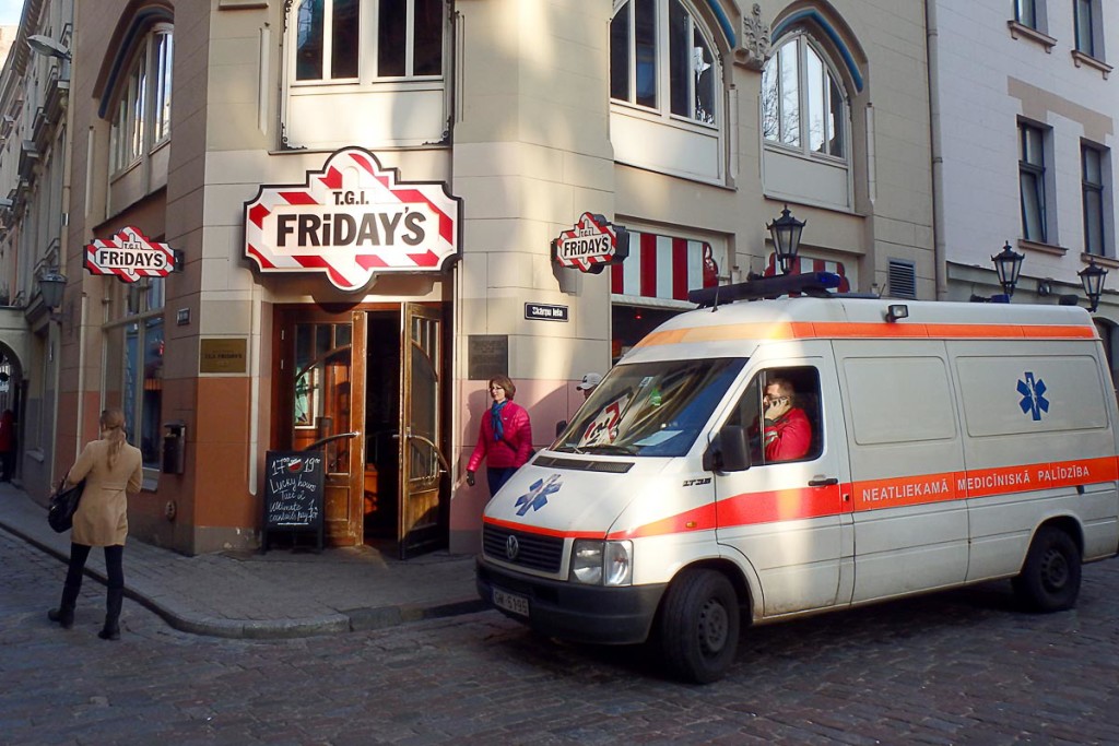 TGI Friday's with its very own ambulance in Old Town Rīga.
