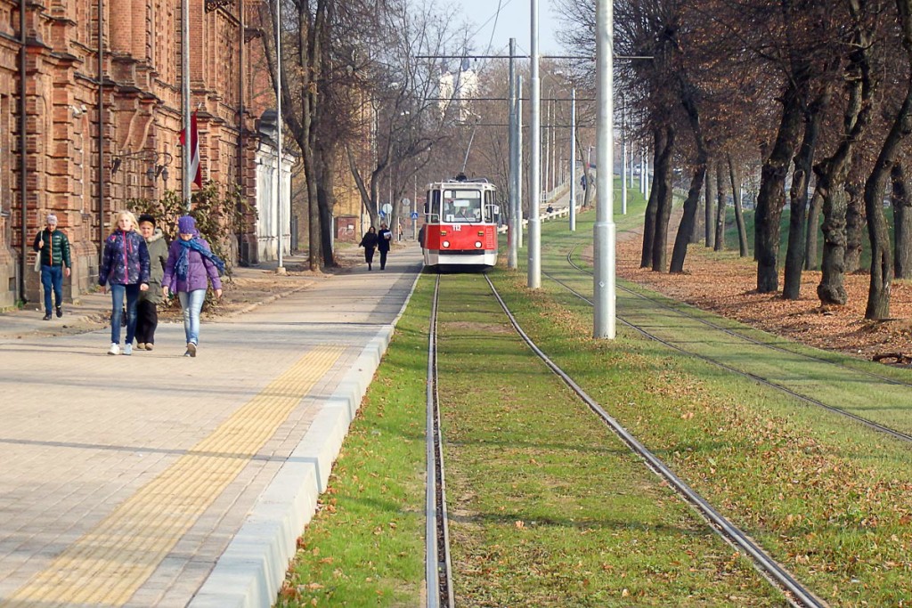 Tram lines in Daugavpils with tram coming