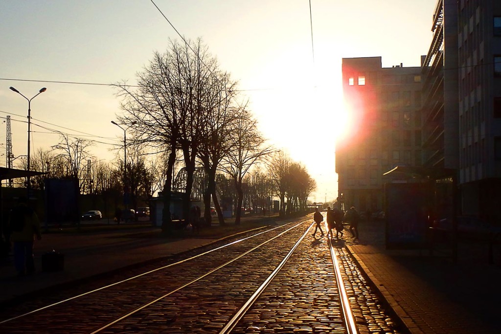 Tram lines in Rīga in the afternoon sun