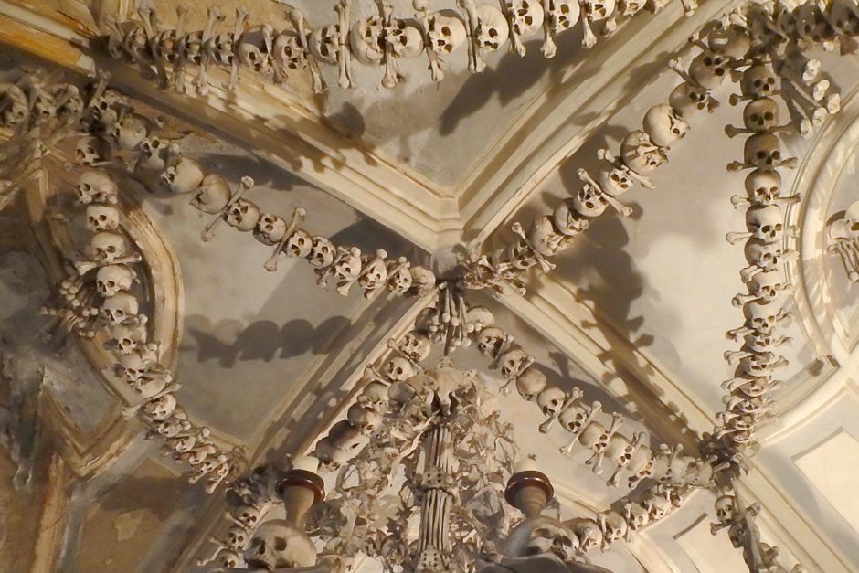 Chandelier made of bones and skulls in the church.