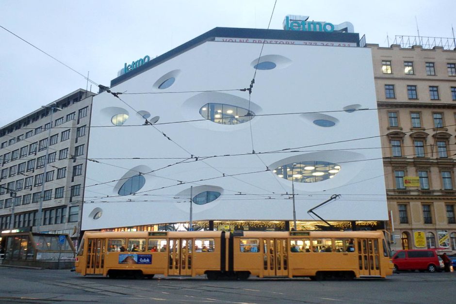 Interesting building, plus a tram, we passed in Brno.