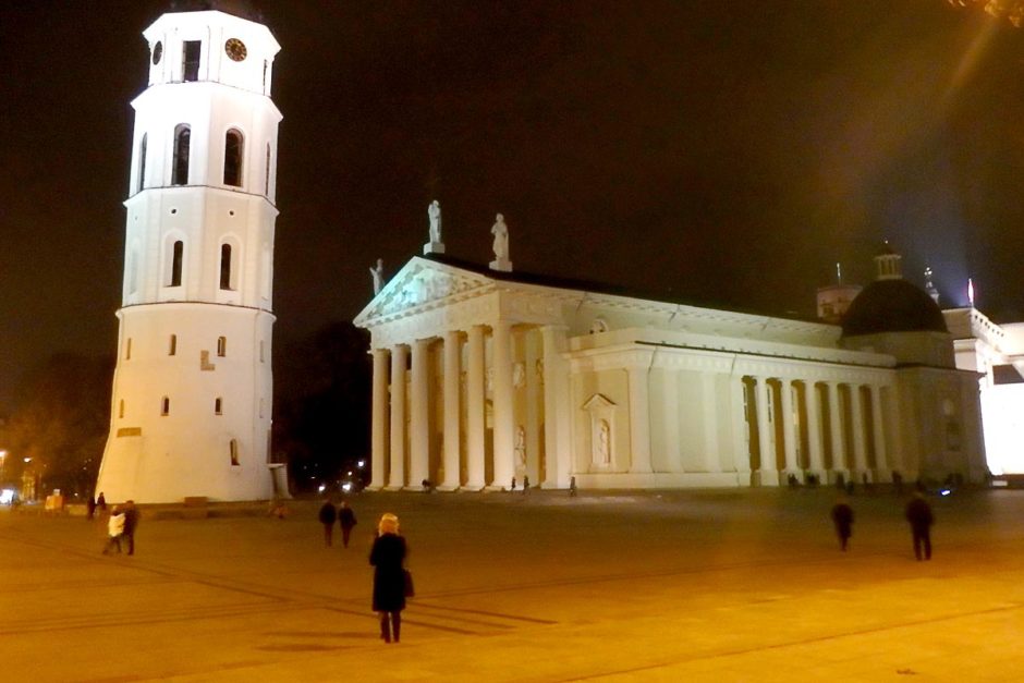 Vilnius Cathedral and tower in the cold but picturesque Vilnius evening.