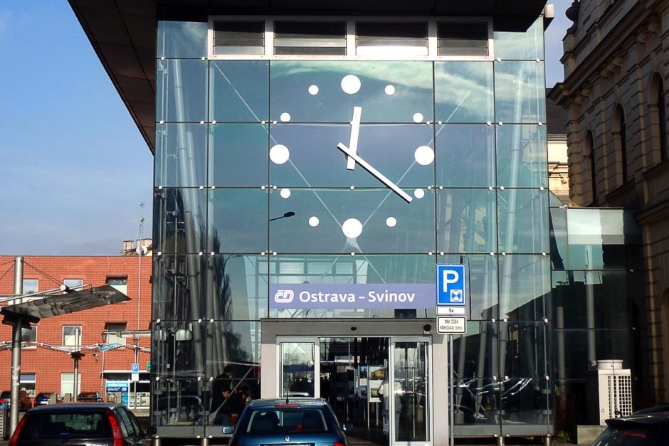 Big clock at Ostrava-Svinov station; our first stop in the Czech Republic.