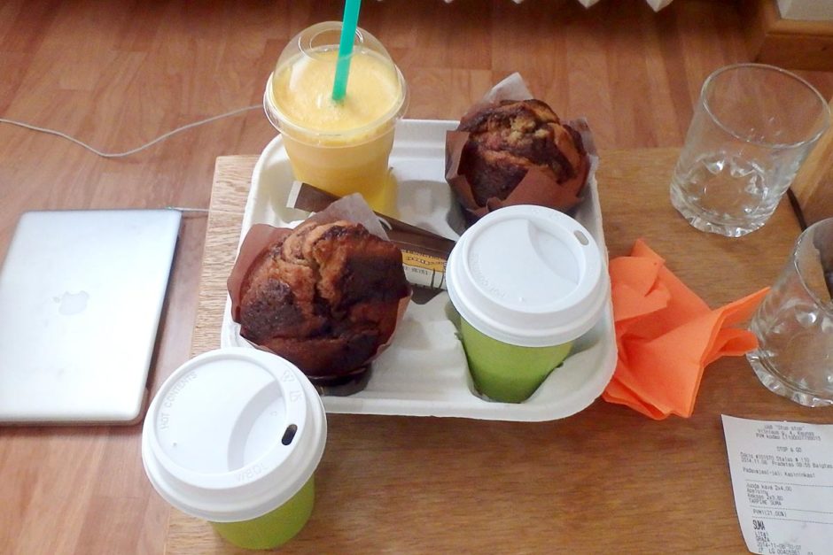 Coffee (half-filled cups, anyway) and muffins from Stop N Go, enjoyed in the guest house room.