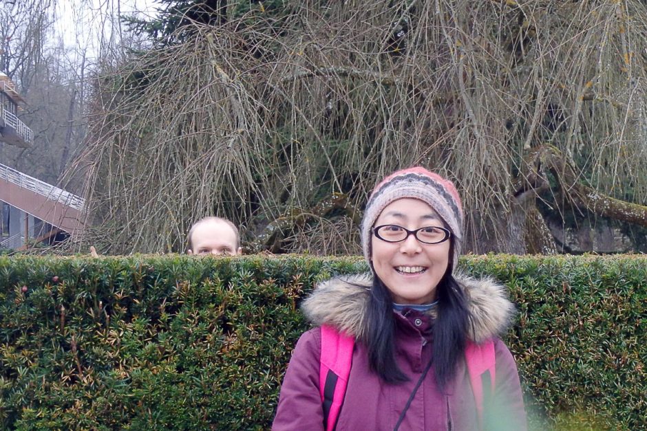 Creeping up on Masayo in the hedges of the castle gardens.