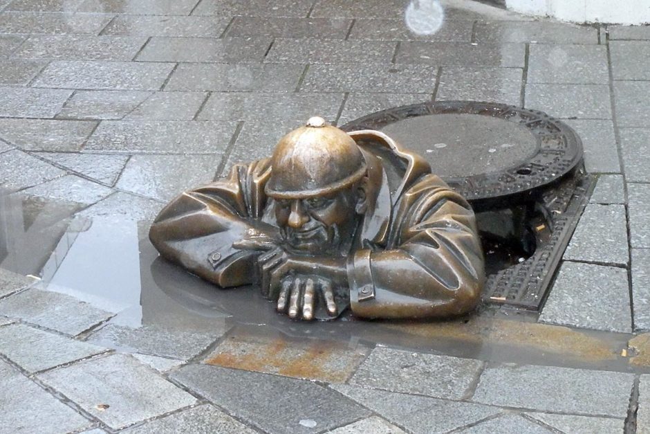 Infamous tourist thing in Bratislava: a statue of a guy coming out of the ground.