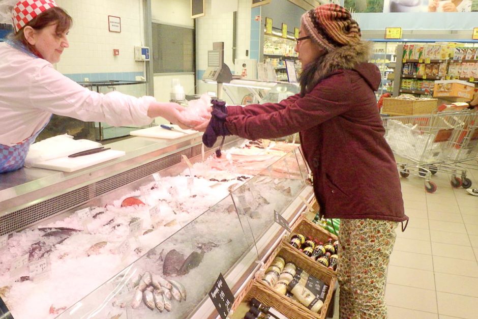 Masayo buying fish.