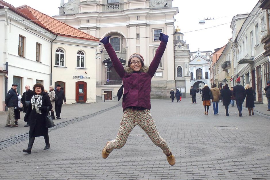 Masayo jumping in the air in Vilnius