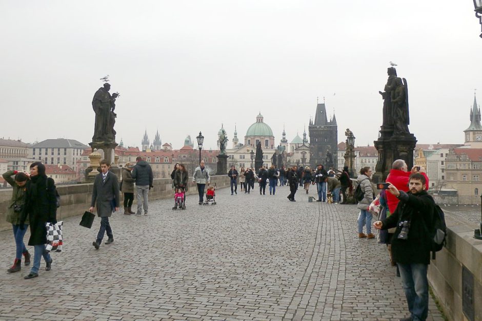The actual view of Charles Bridge that we encountered: tourists, stalls, and grey skies. Nice, but not what we expected exactly.