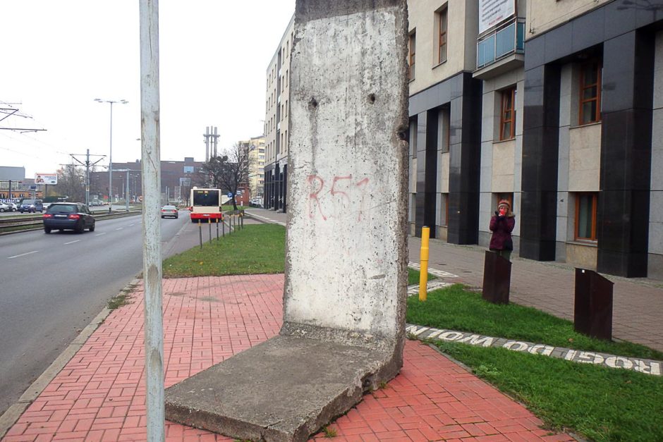 A piece of the Berlin Wall, installed on a small street corner on the edge of Gdańsk.