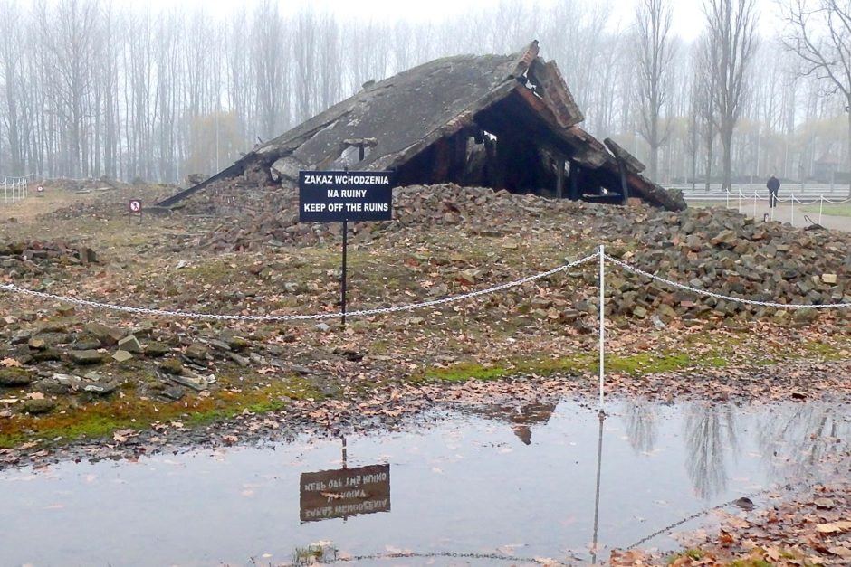 Remains of a crematorium at Birkenau, as it was after the SS dynamited it to cover their activities.