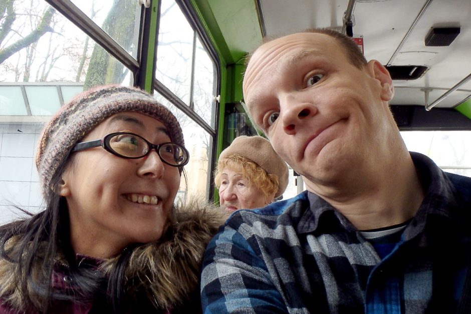 Riding the trolleybus around Kaunas to kill time...