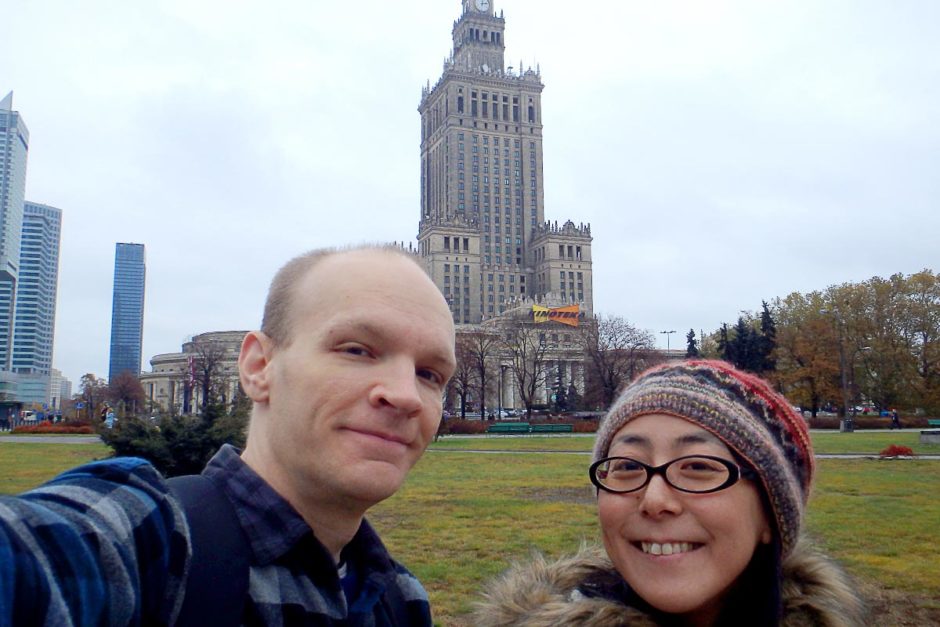 Us and the Palace of Culture and Science in central Warsaw.