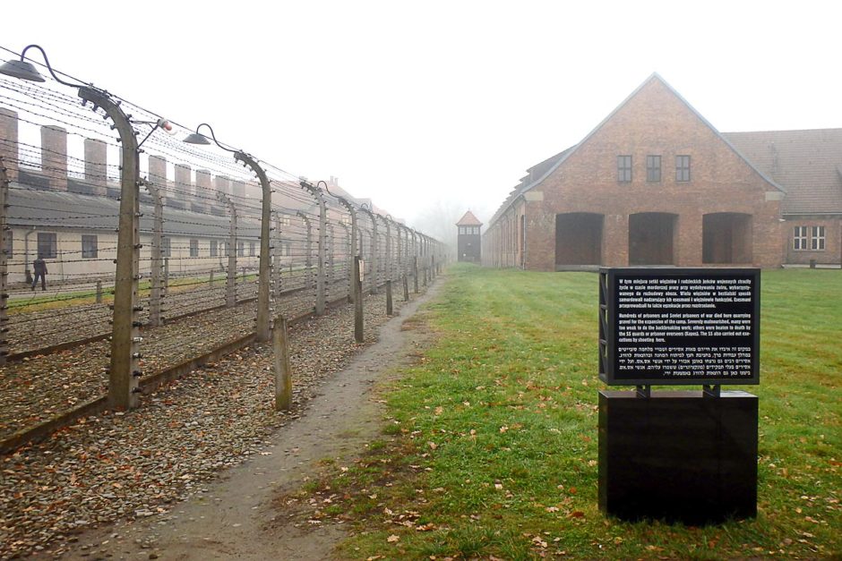 Looking down the fence surrounding Auschwitz I (the famous ARBEIT MACHT FREI gate is out of frame to the left).
