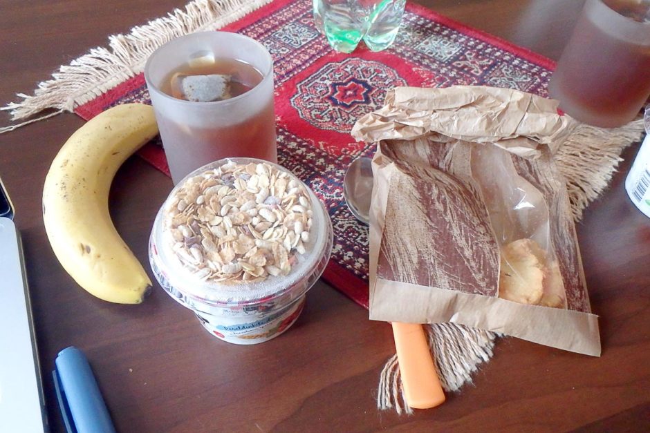 Breakfast in the apartment hotel room.