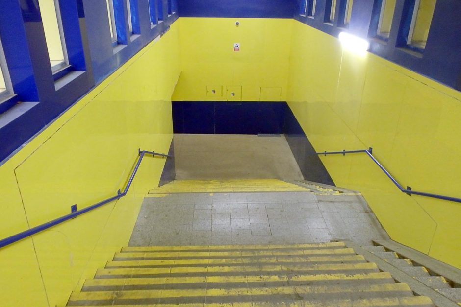 Colorful underground passageway leading to Humenné train and bus stations.