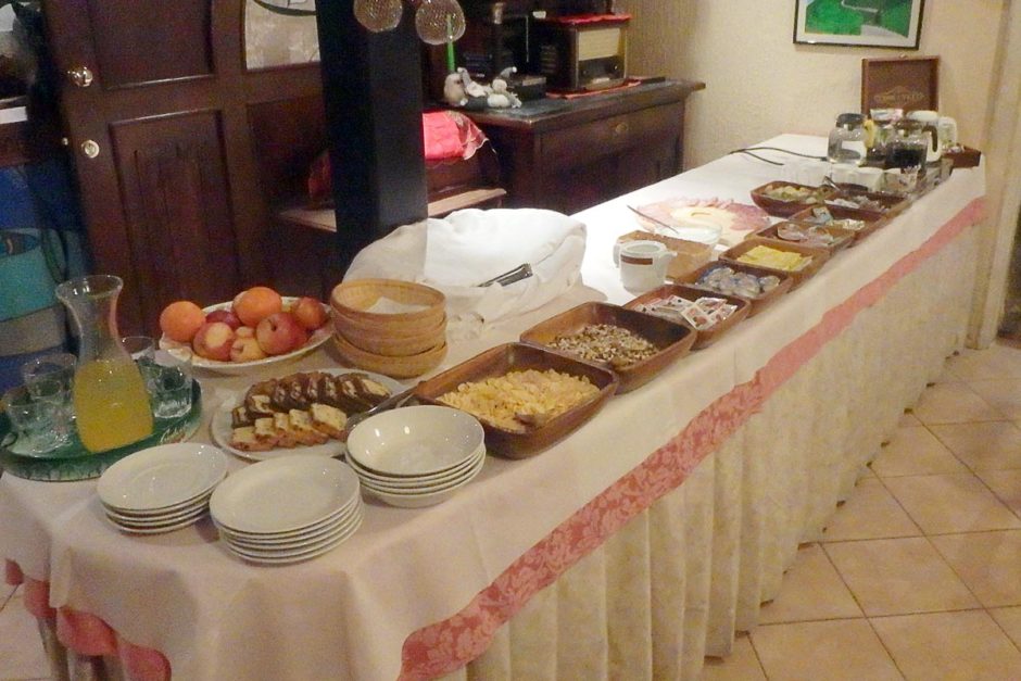 The breakfast buffet table. One other guy came and had a piece of bread while chatting with the owner, but otherwise this all seemed like it was only for us. We didn't notice or hear any other people staying this weekend.