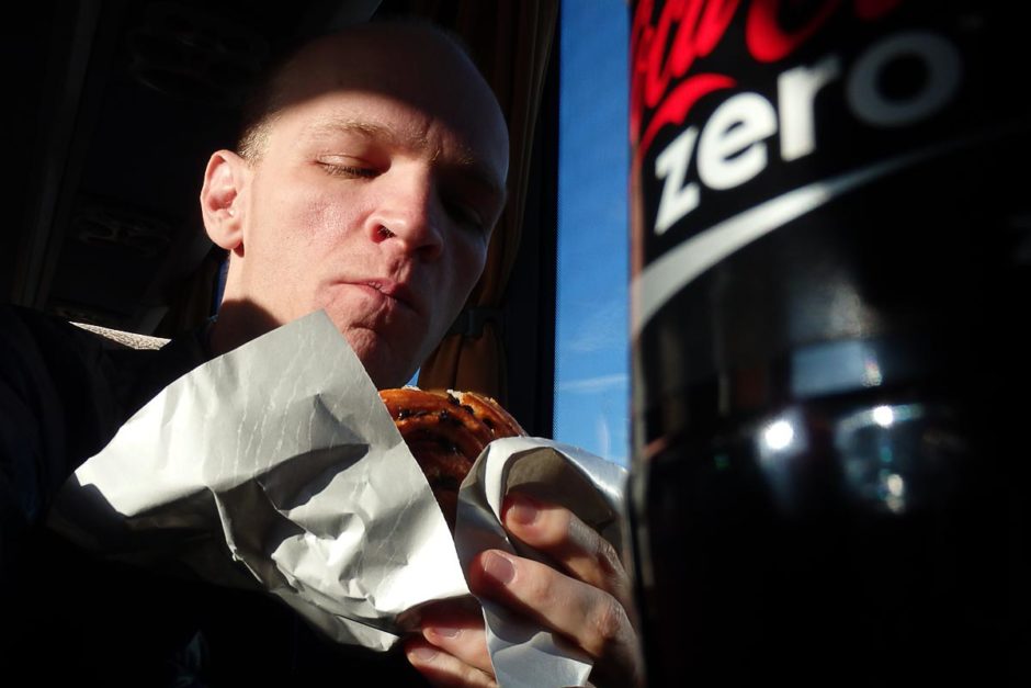 Cinnamon roll and Coke Zero for lunch on the bus, purchased from the Ljubljana bus station.