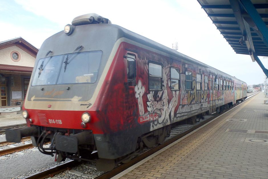 Typical local Slovenian train: covered in graffiti. But on time.
