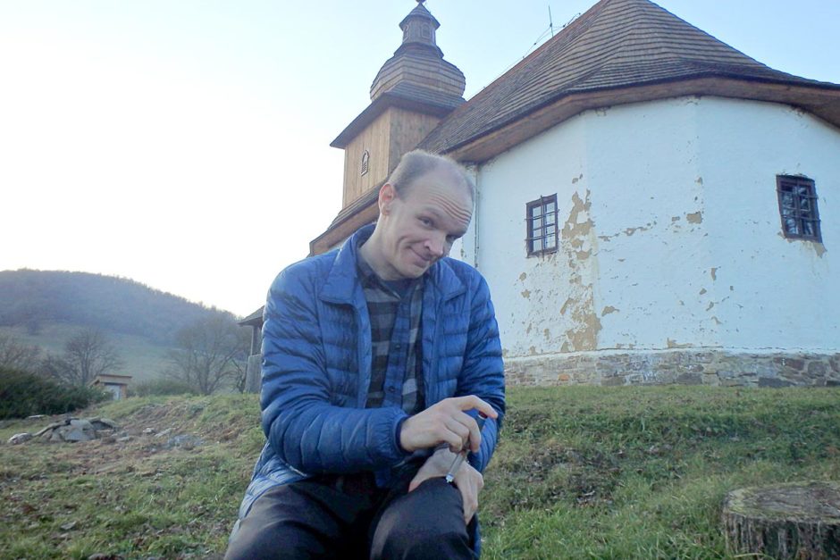 Humalog shot for the Mars bar snack outside the wooden church.