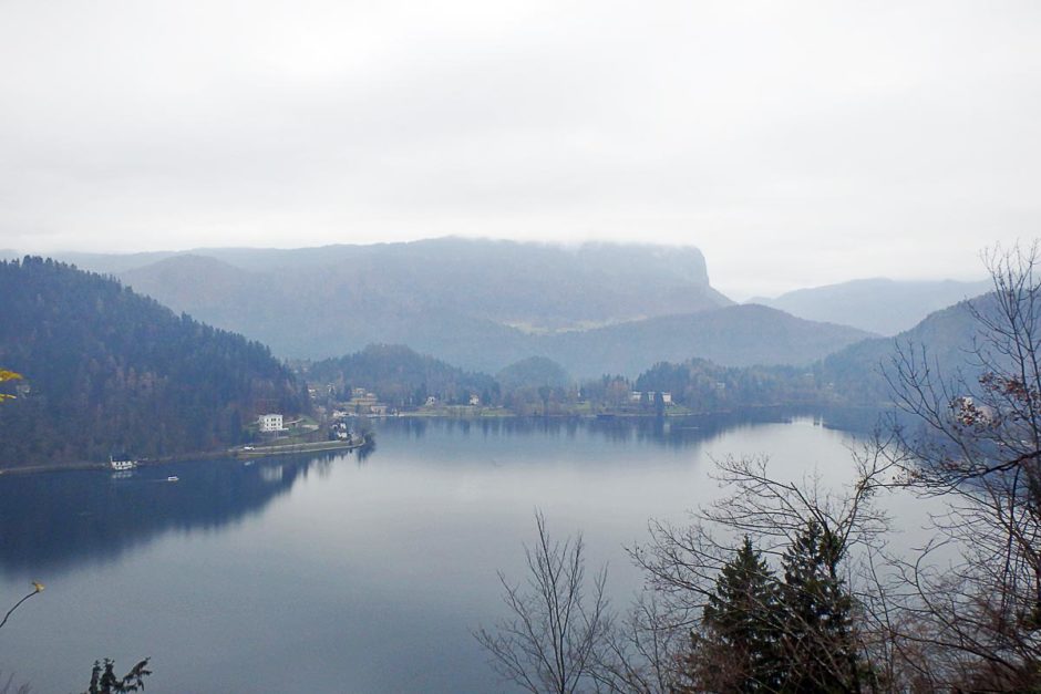 The view of Lake Bled, from the top of the castle hill. You can just see the lake island with the church on it.