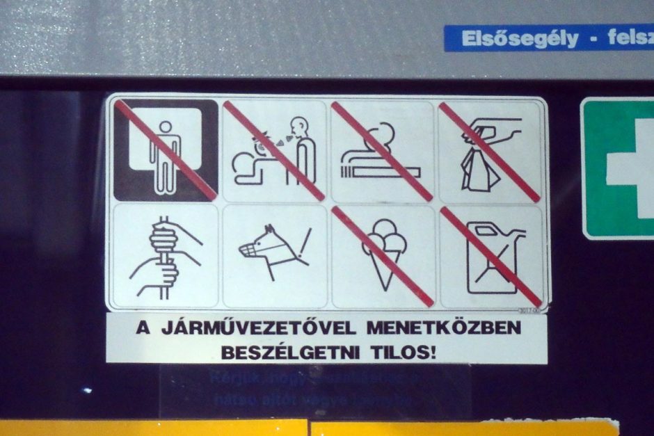 Bus rules. Clockwise from upper left: 1. No Close Encounters Of The Third Kind. 2. Don't spit on the fortune teller. 3. No smoking. 4. Don't drop your lace hanky for a dashing young man to pick up in courtship. 5. Don't bring your own gasoline. 6. No triple-scoop ice cream cones. 7. Dogs ok if they don't open their mouths. 8. You may churn butter as you see fit.