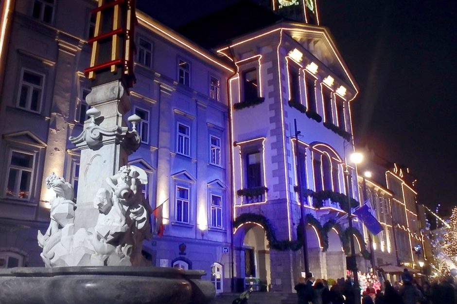 Christmas lights on the buildings near the main square in Ljubljana.