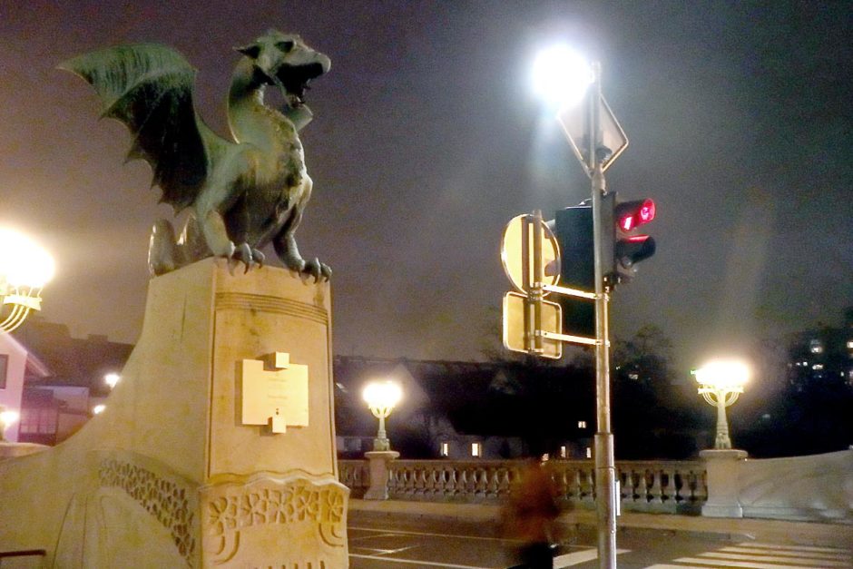 The Dragon Bridge at night.