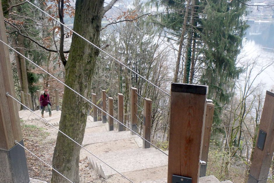 Masayo near the top. You can see all the rows of stairs down behind her.