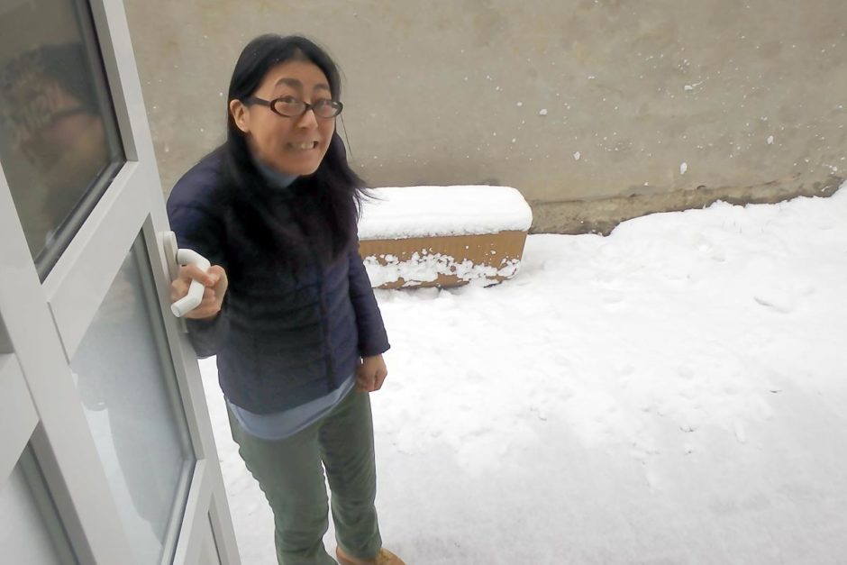 Masayo seeing the snow — and feeling the cold — first thing in the morning.