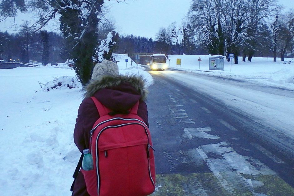 Masayo waits for the bus from Trakošćan back to Varaždin as dusk falls.