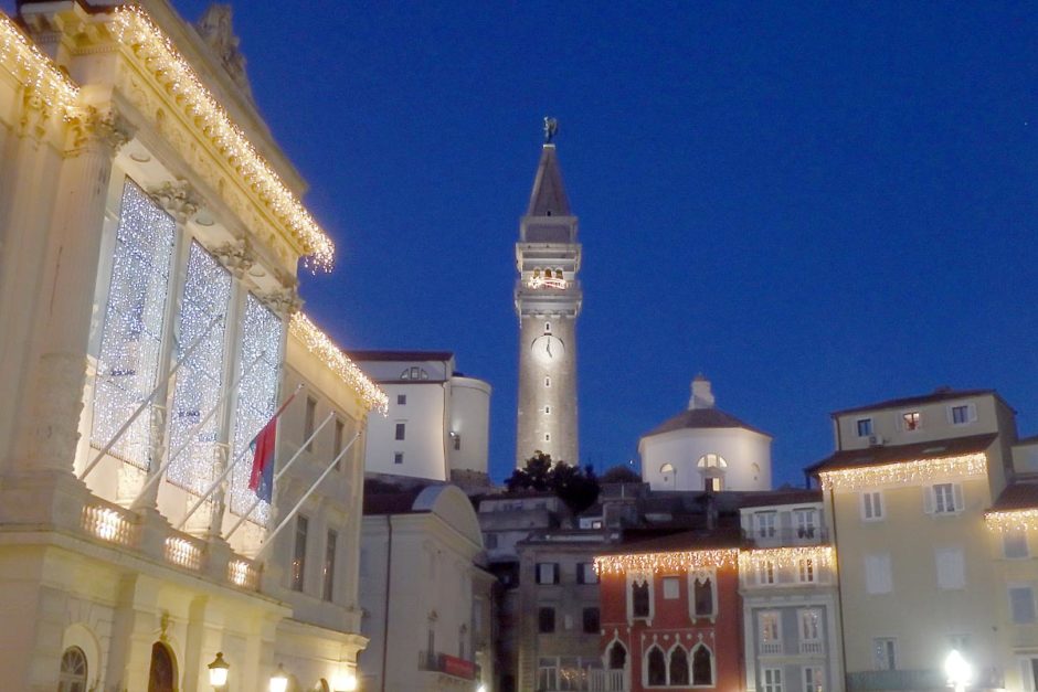 The town square and church at dusk.