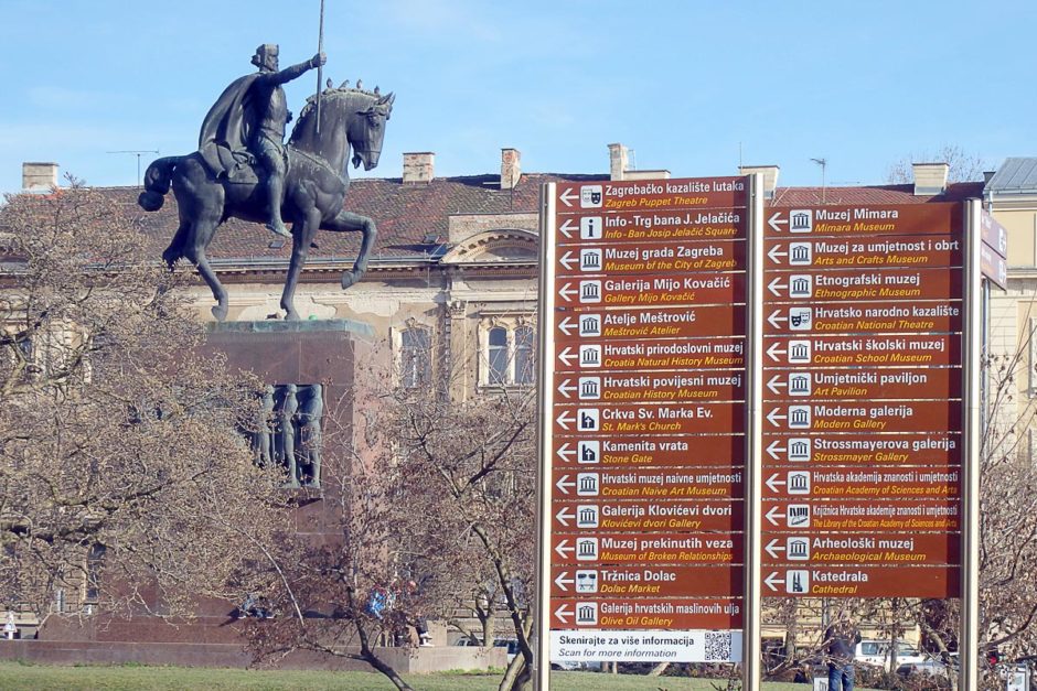 Statue with tourist signs in Zagreb, Croatia.