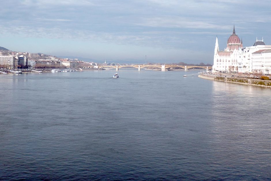 The view of the Danube from the Chain Bridge. You can see the famous Parliament building on the right (east) bank.
