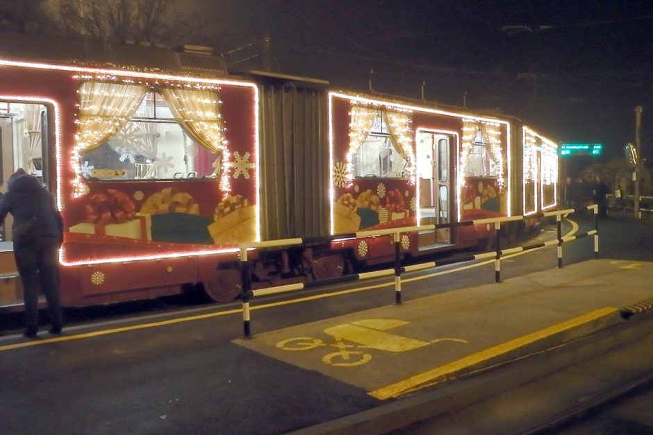 A tram in Miskolc with Christmas lights all over it. This was a warm and friendly welcome to Hungary.