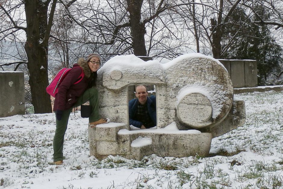 Us at a strange snowy sculpture.