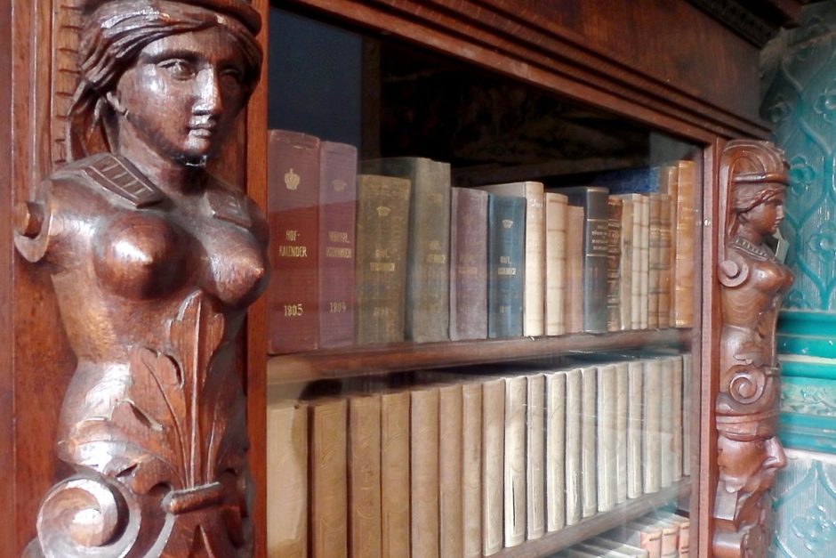 One of the wooden bookcases, with books, in the castle.