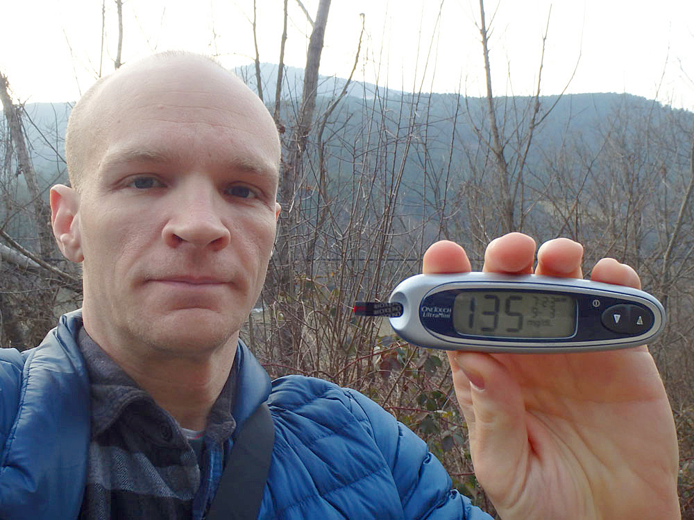 #bgnow 135 after walking 30 minutes. Good, but the look on my face says, "I hope I don't drop low suddenly, here in the middle of nowhere miles from the nearest town"
