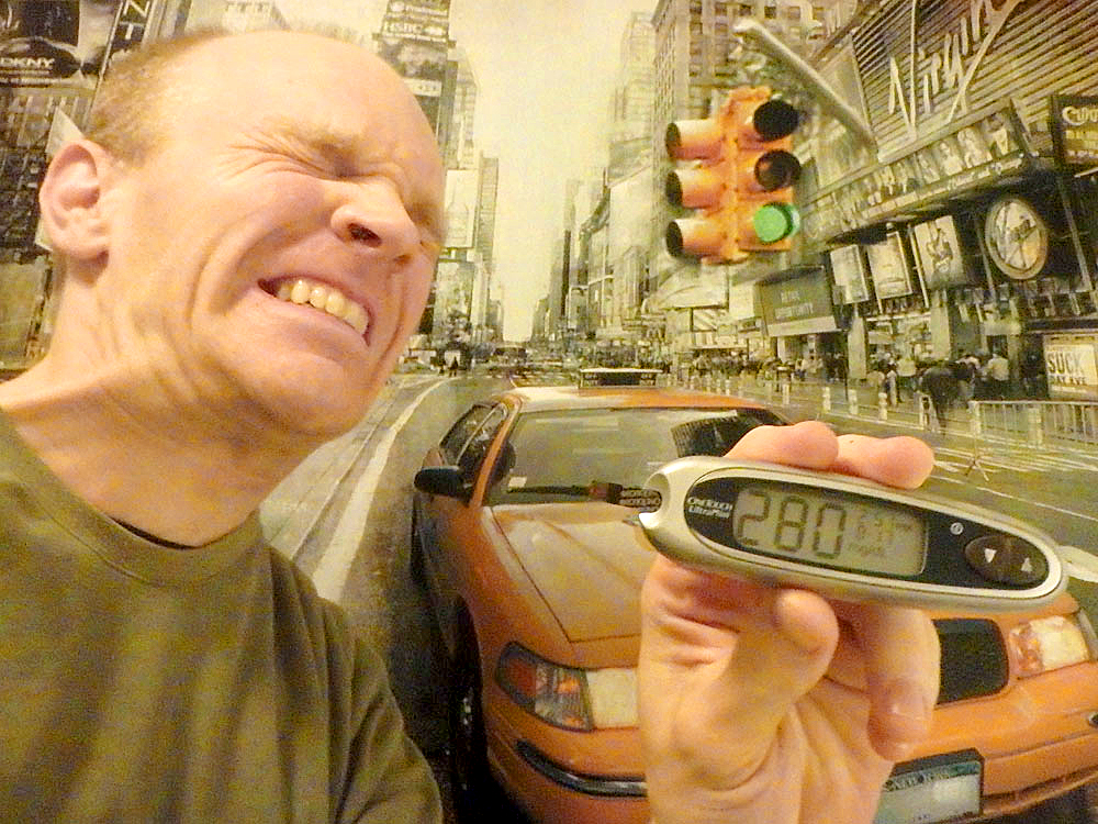 #bgnow 280 after dinner. Frustrating. But I only guessed at the carbs so it's not totally shocking. The image behind me is a poster in our room, by the way, not actually New York City.