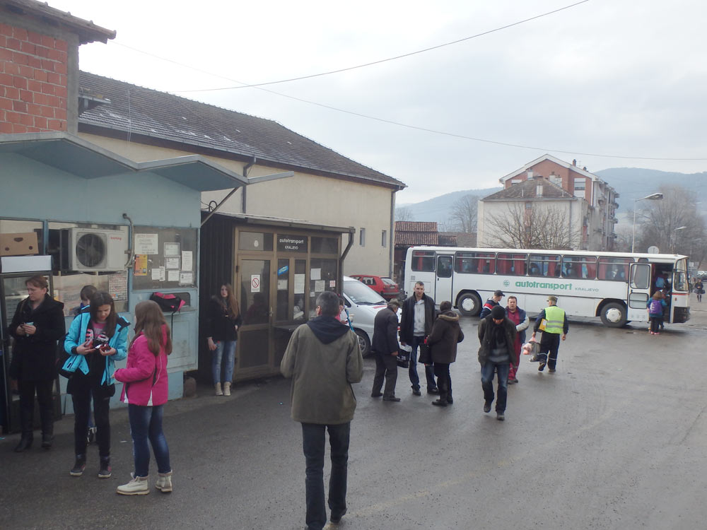 Bus station area in Ušće. The bus we took from Kraljevo (which was not going down the road to Studenica) is on the right.
