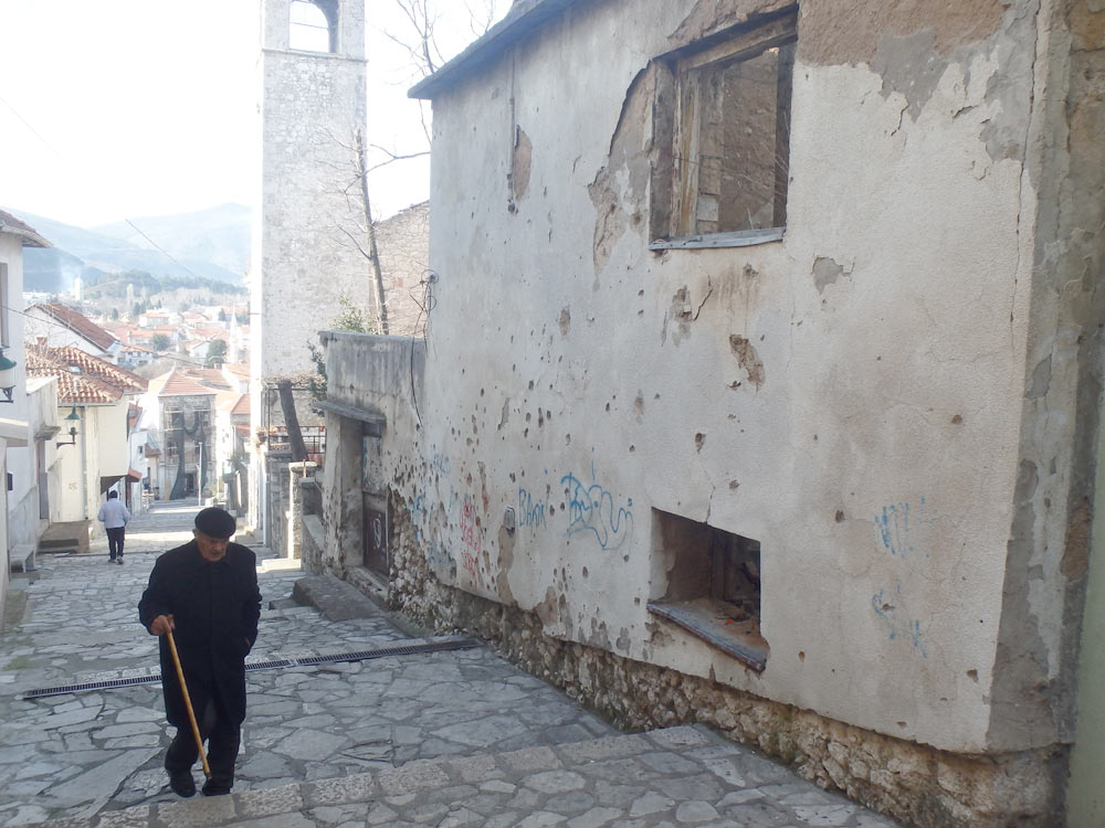 Burned-out church with bullet holes still in the walls. A common site in Mostar, which still hasn't rebuilt much of its eastern bank.