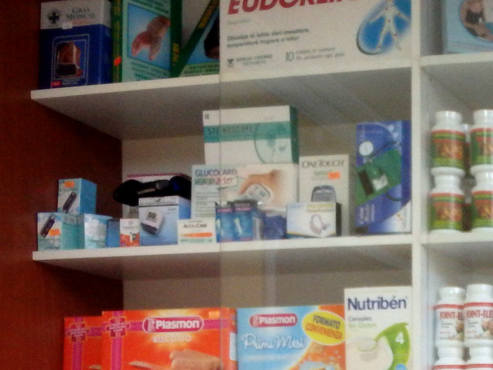 Diabetes supplies shelf in the Tirana pharmacy. Sorry the image is fuzzy; it was kind of a quick, furtive shot.
