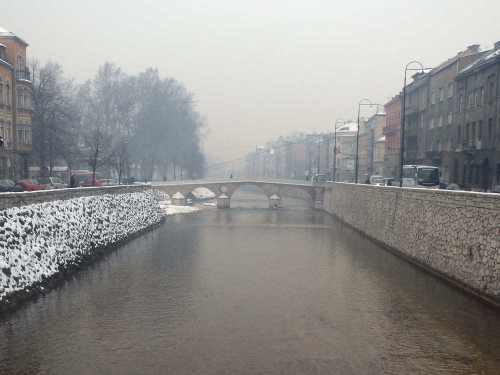 The Latin Bridge in Sarajevo, with the very shallow Miljacka River flowing under it. World War I began a few feet to the right of it.