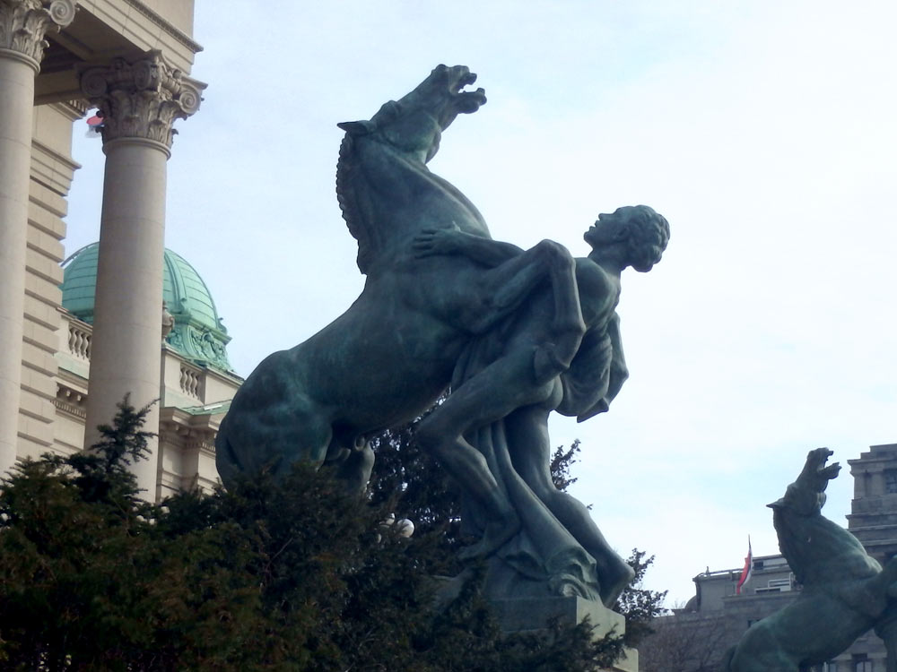 Man and horse statue at Belgrade National Assembly