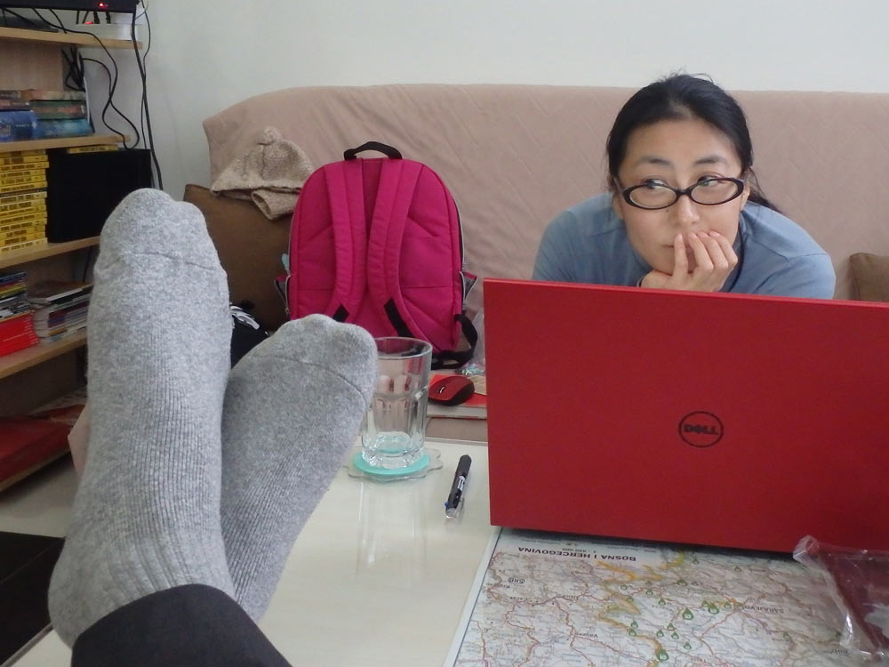 Masayo looking at my socks on the coffee table. She puts up with a lot.