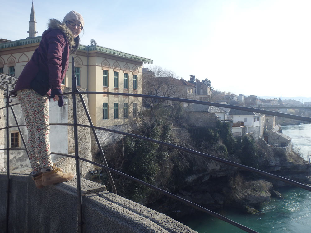 Masayo causing trouble again, on the Mostar Old Bridge.