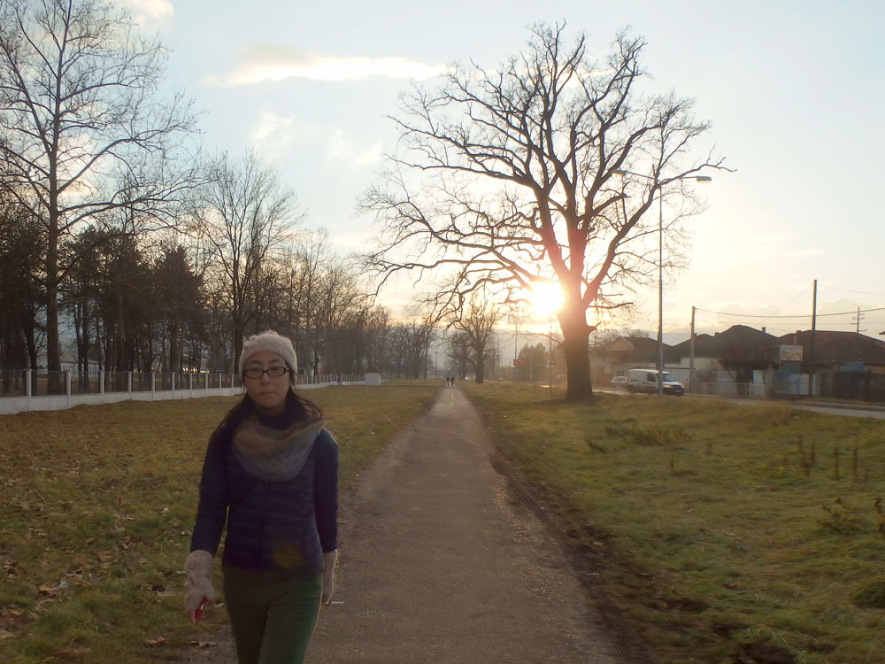 Masayo walking in the sunset in Kraljevo