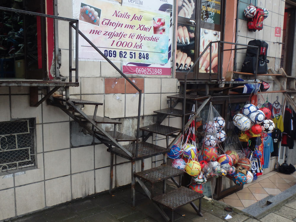 Metal stairs to shops